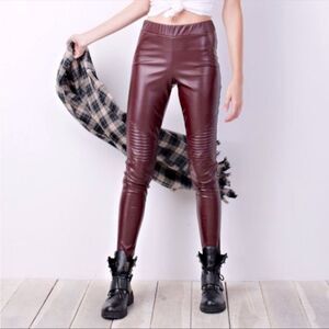 Faux Vegan Leather Burgundy Moto Biker Pull On Leggings / Pants